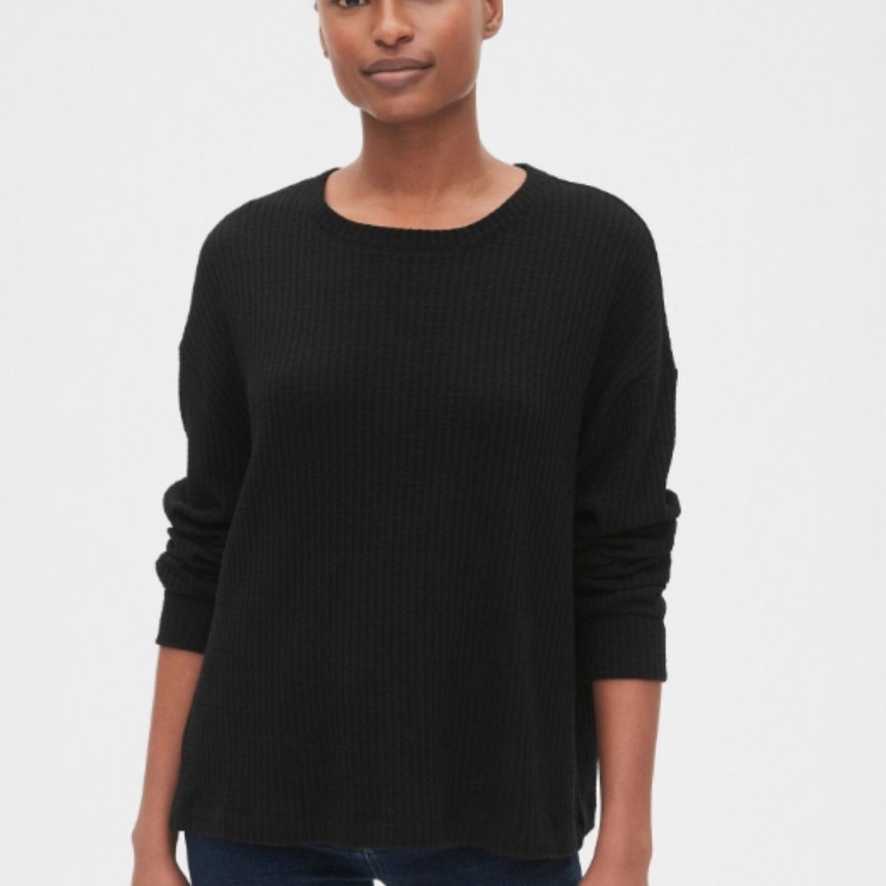 Slouchy Waffle Stitch Crewneck Sweater M Tall Blac